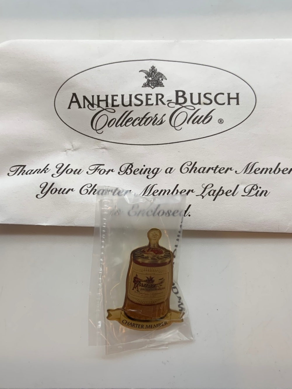 Vintage Anheuser Busch Collectors Club Charter Member Stein Lapel Pin & Envelope